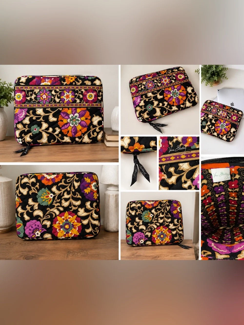 Vera Bradley Black Multi Quilted Floral Tablet Sleeve